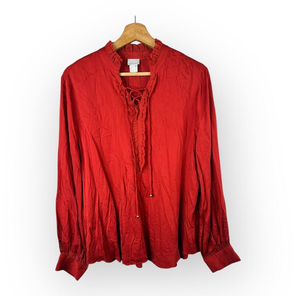 Chicos Womens size 2 US 12/14 Sandwashed Satin Ruffle Blouse Red Long Sleeve Top